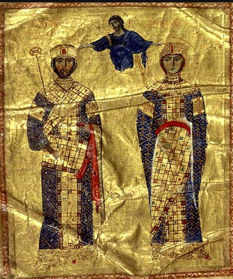 The emperor and empress-consort from Homélies de Jean Chrysostome,  Bibliothèque Nationale de France, Manuscript Coislin 79, folio 2 bis verso